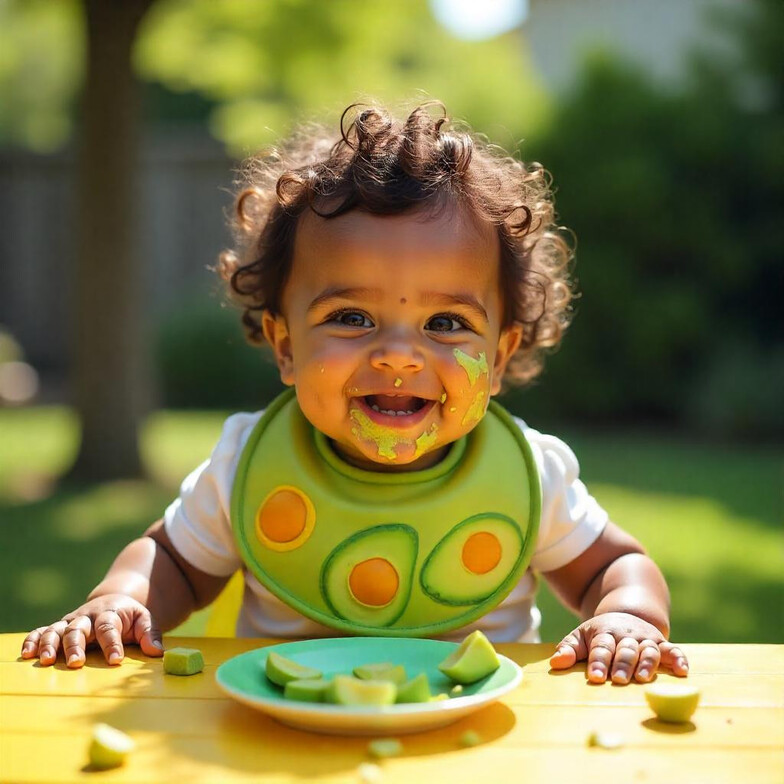 baby eating avocado and being messy